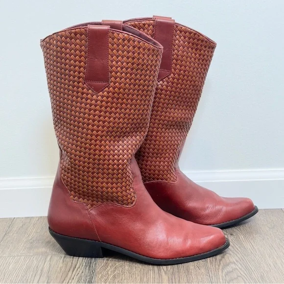 LL Bean Dingo Red/Brown Braided Leather Western Pull On Boots Size 8M - Picture 1 of 9
